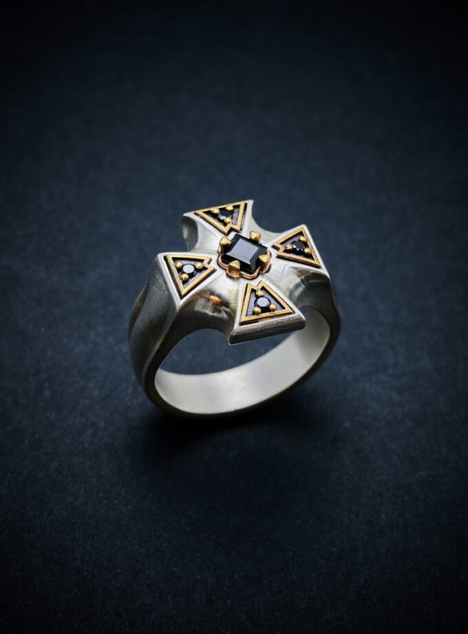 Black Diamonds & spinel Silver ring