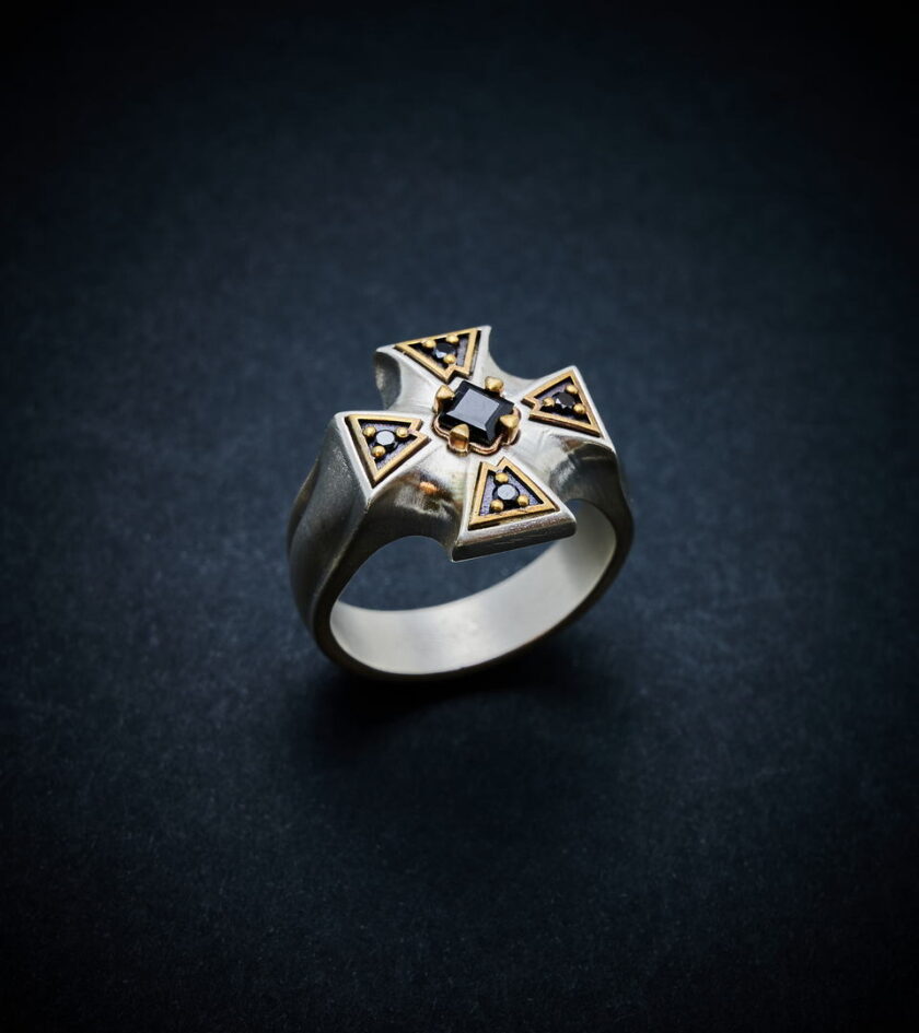 Black Diamonds & spinel Silver ring