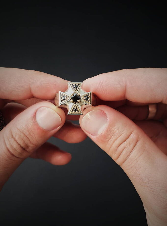 Black Diamonds & spinel Silver ring