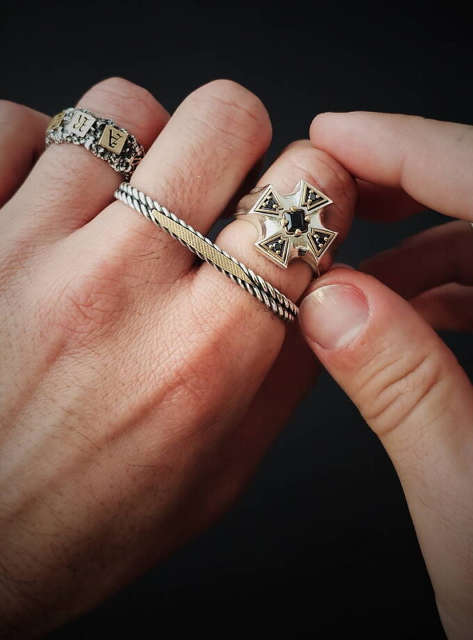 Black Diamonds & spinel Silver ring