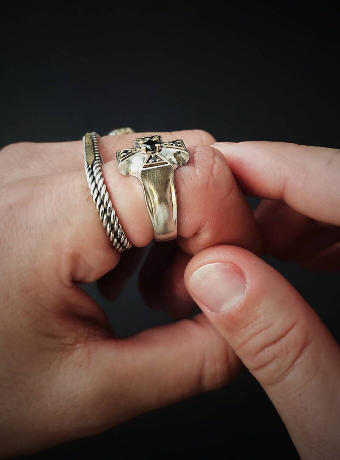 Black Diamonds & spinel Silver ring